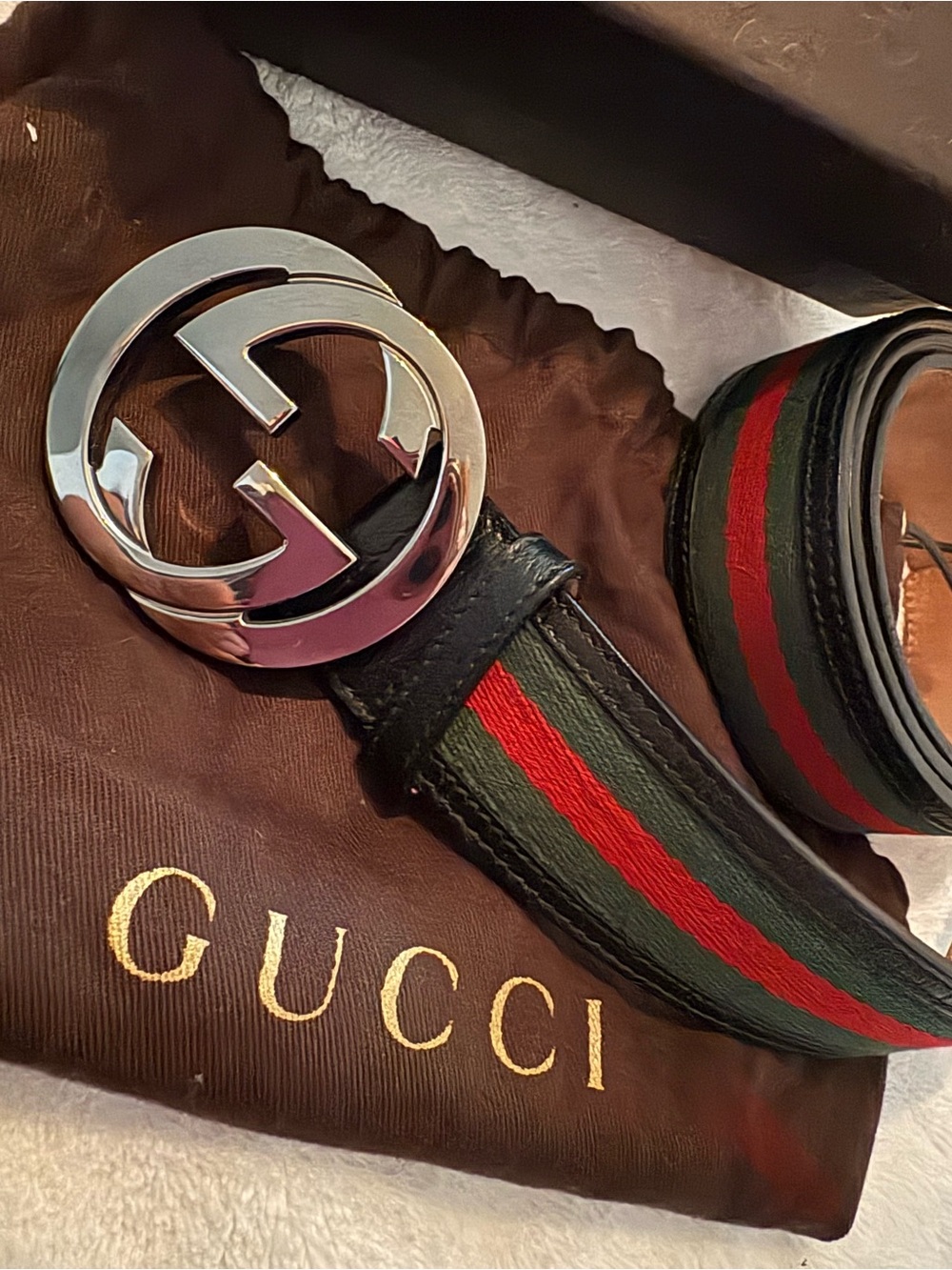 Gucci Black Leather Belt with Green and Red Web Stripe and Silver GG Buckle